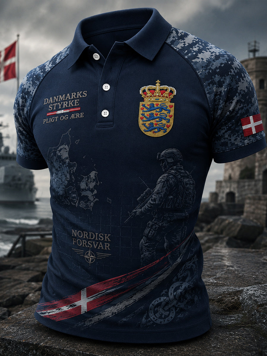 Mænds poloshirt med korte ærmer og vintagemønster i militærstil
