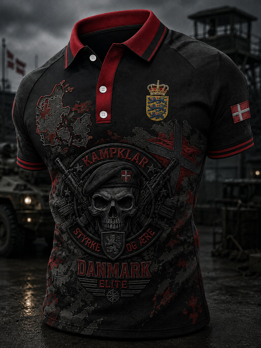 Mænds poloshirt med korte ærmer og vintagemønster i militærstil