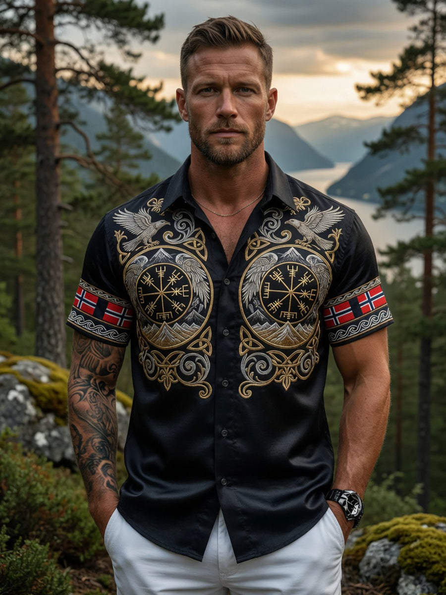 Mænds Retro Norske Viking skandinavisk kunst Print Casual skjorte