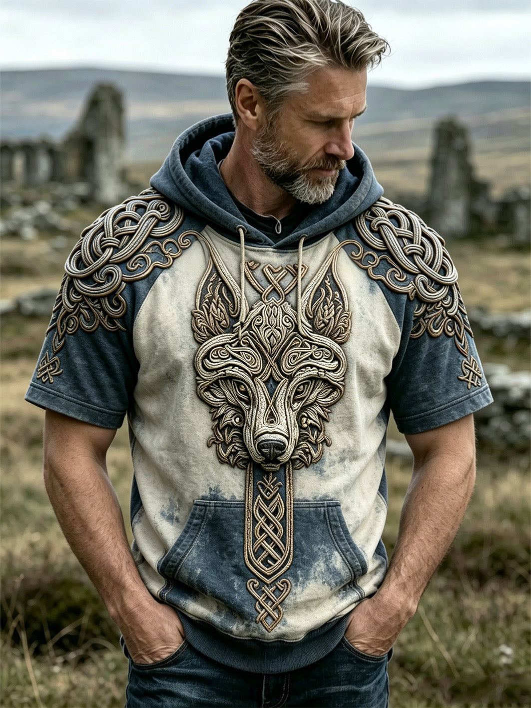 Mænds retro Viking ulv hoved mønster trykt afslappet korte ærmer hættere