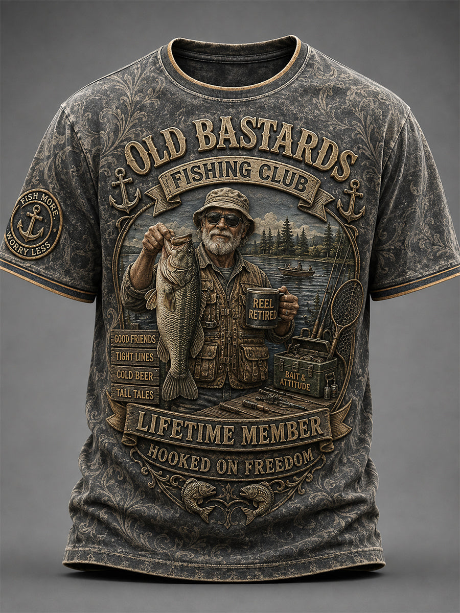 Mænds sjove gamle Bastards Fiskeriklub Livstid Medlem Print Short-ærme T-shirt