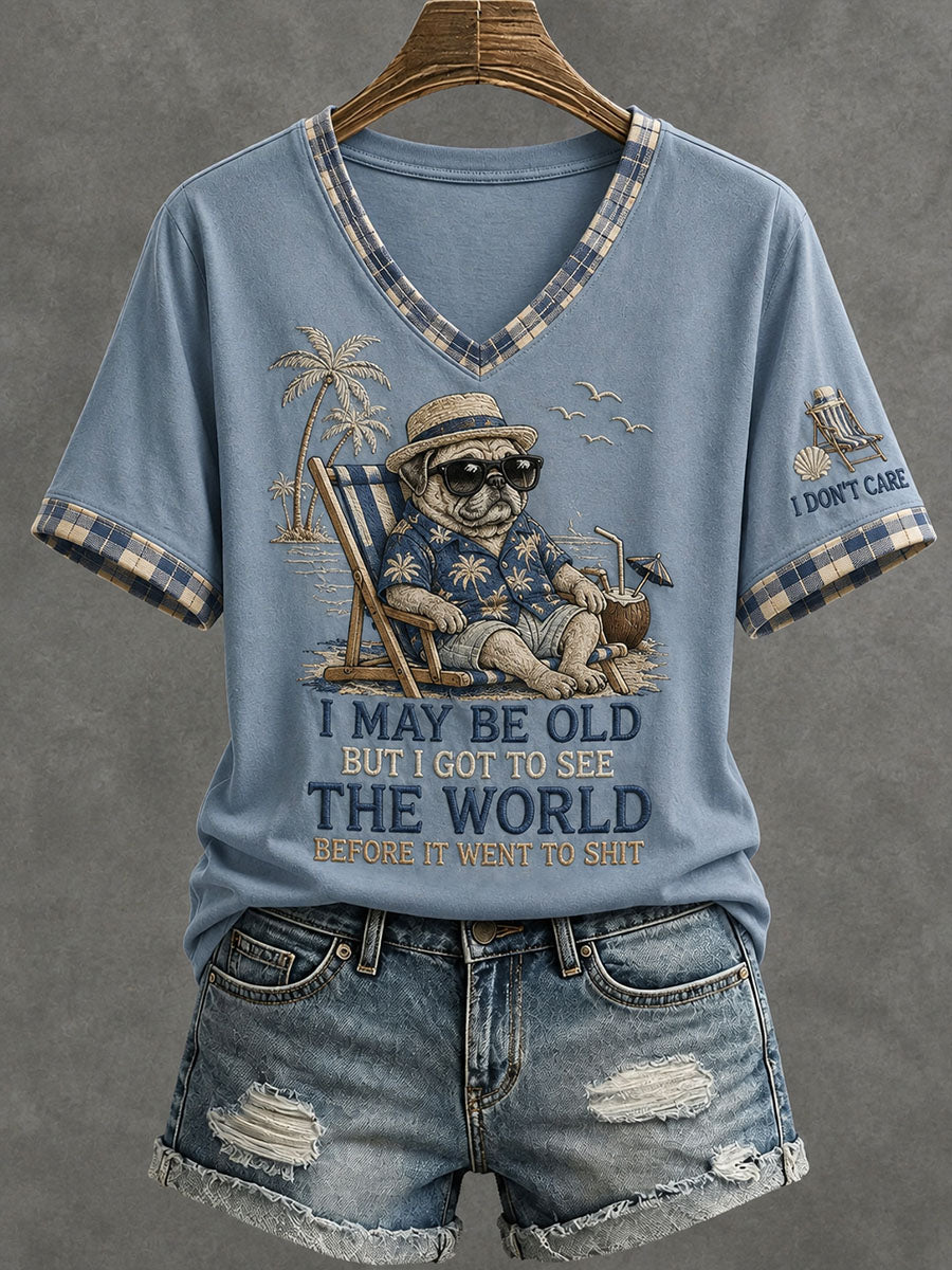 Kvinders T-shirt med teksten: “Jeg er måske gammel, men jeg skal se verden, før den går til grunde”