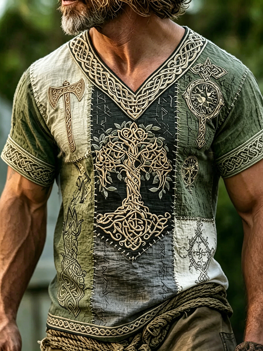 Mænds Viking inspireret Træ af liv patchwork Print Kort ærme skjorte