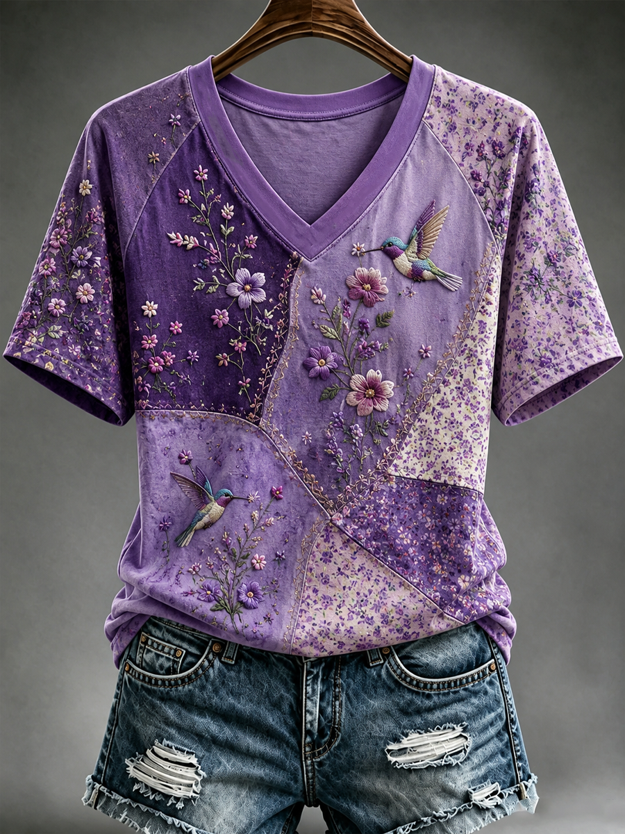 Kvinder Kolibri og blomstertryk kortærmet T-shirt
