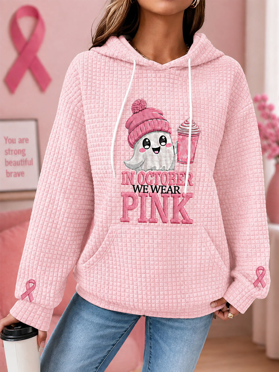 Kvinder i oktober vi bærer Pink Halloween Pink Spøgelse Print Bryst kræft oplysning Support Waffele Hoodie