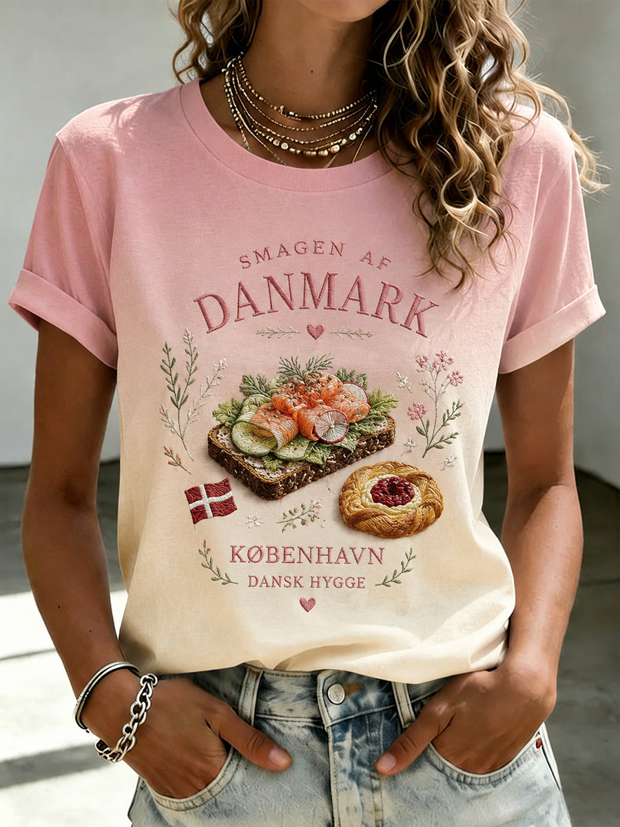 Dame-T-shirt med korte ærmer og print med madtema