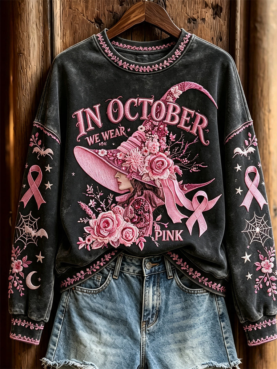 Kvinder i oktober vi bærer Pink Halloween heks blomster Print sweatshirt