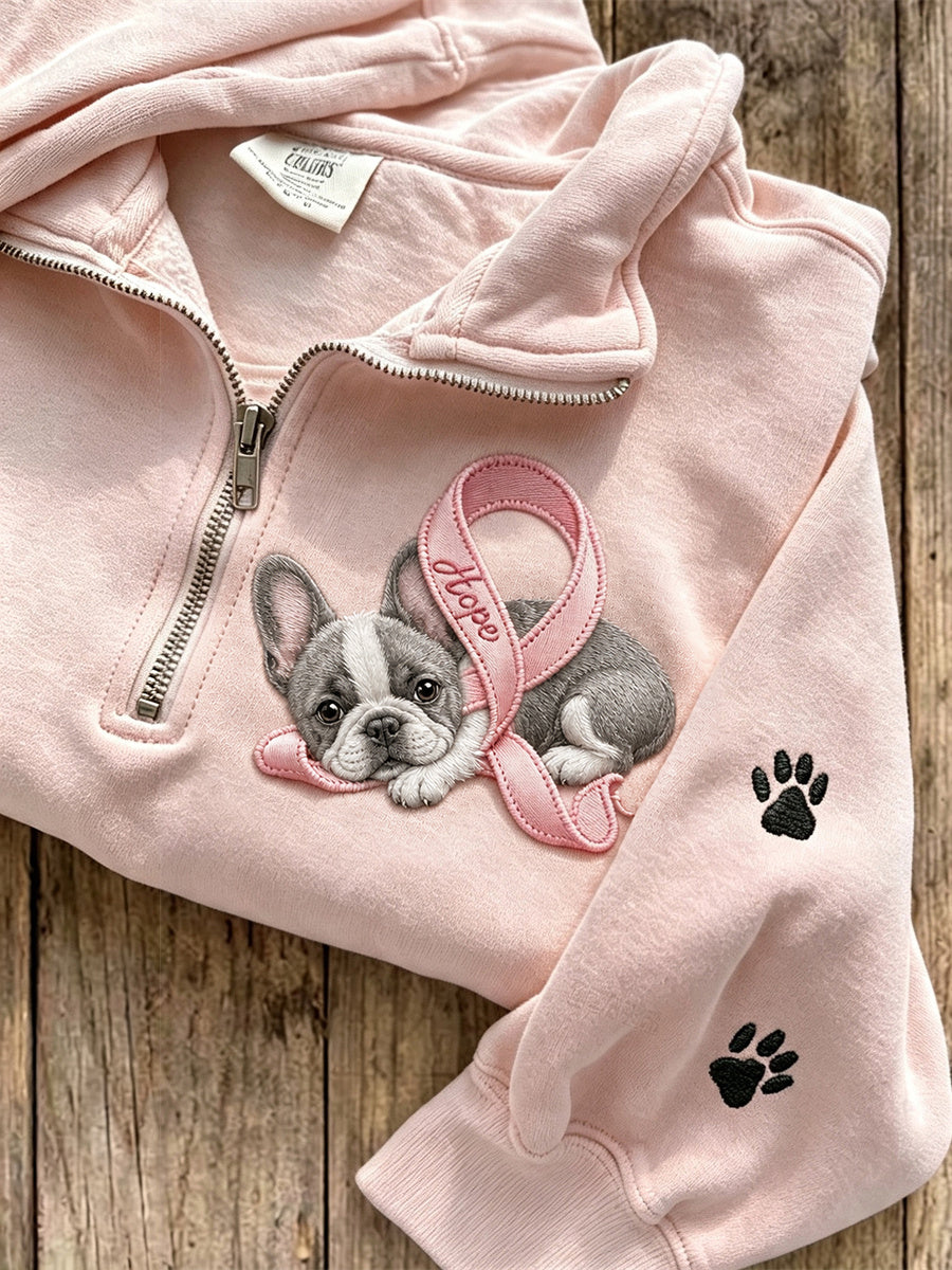 Kvinders håb lyserødt bånd fransk bulldog og poteaftryk sweatshirt med lynlås