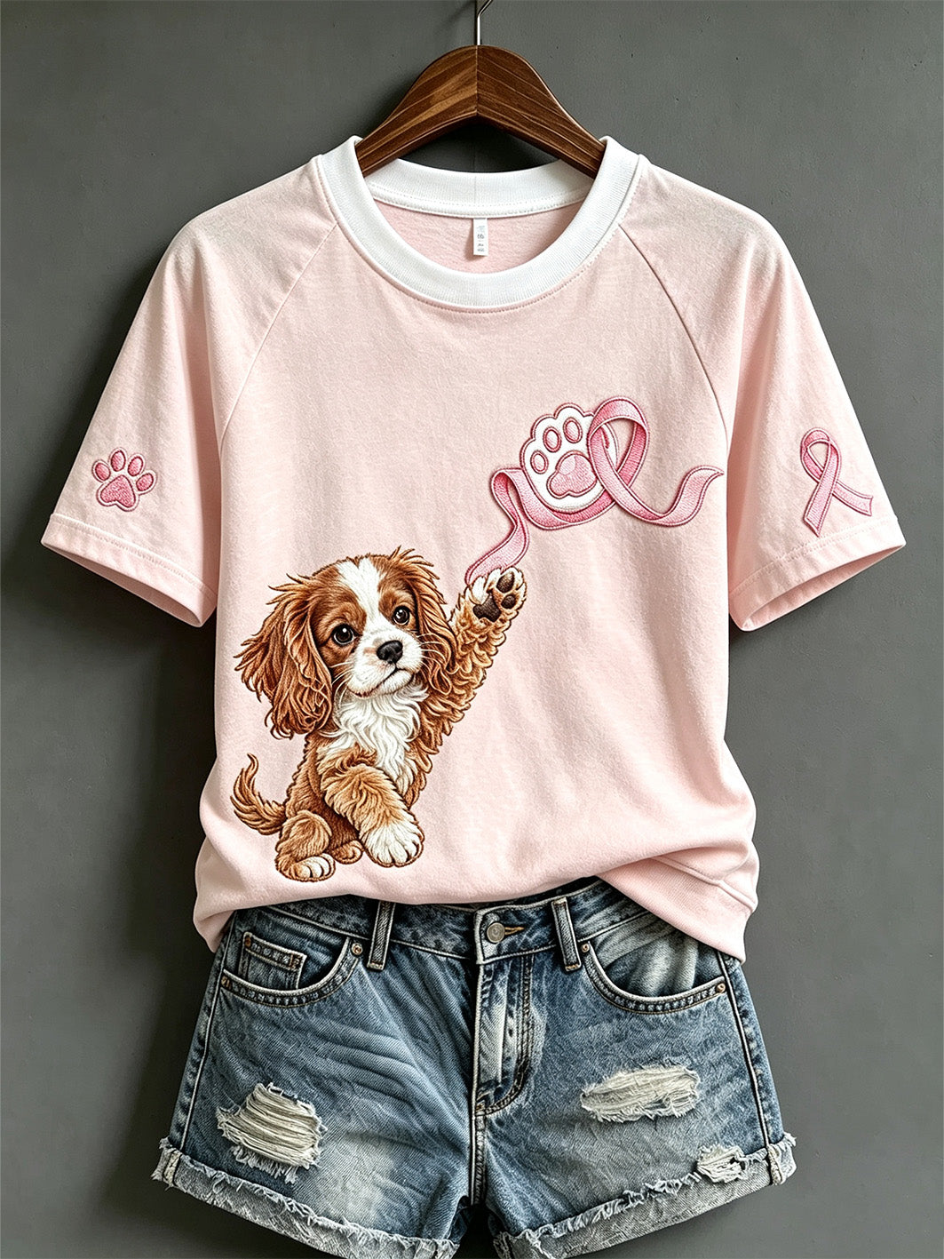 Kvinders brystkræft Tema Cute Hund Mønster Prints Casual Short Sleeve T-shirt