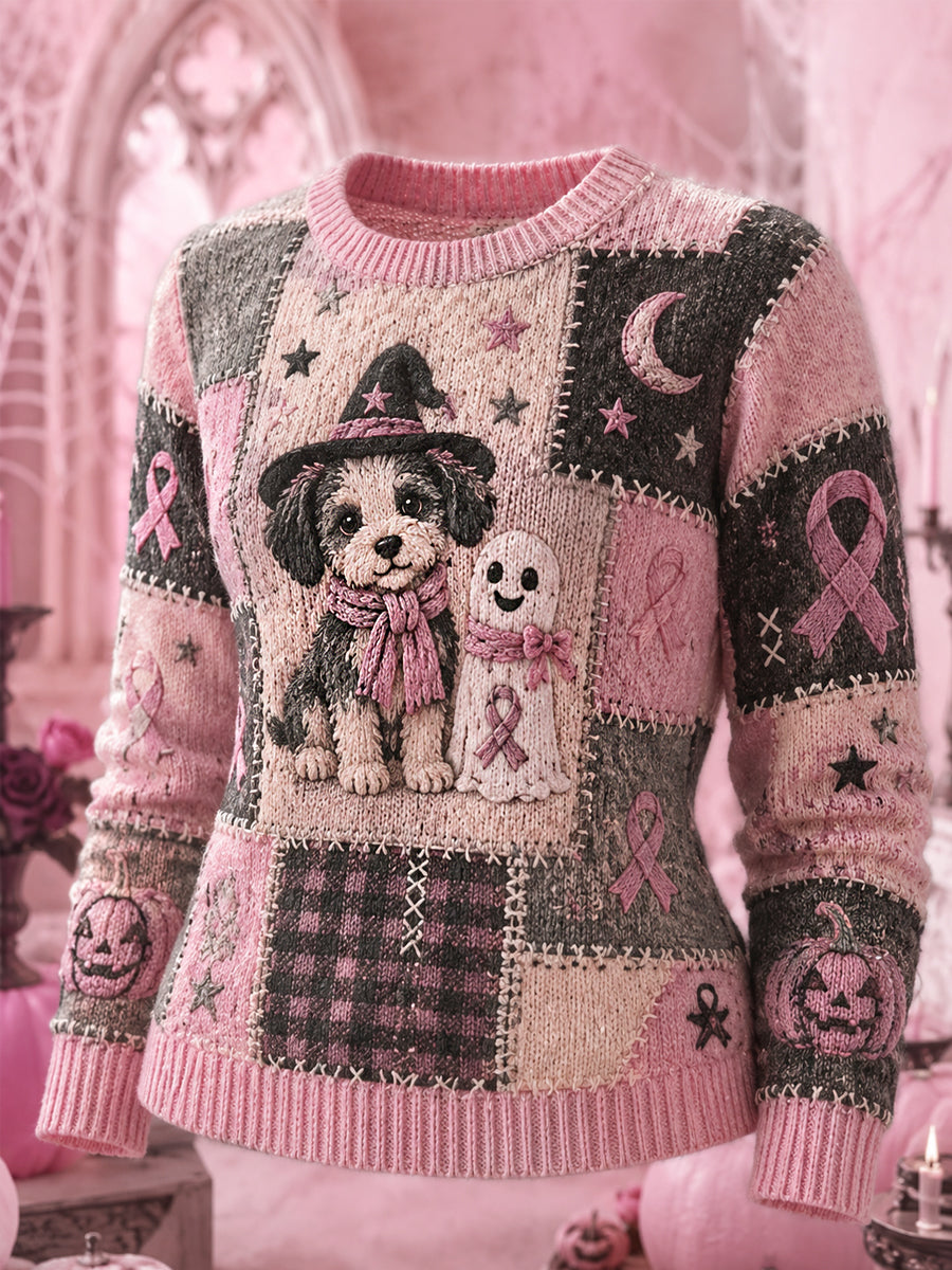 Kvindernes halloween-pink trøje med print af spøgelse og hund samt pink bånd til støtte for kræftbevidsthed