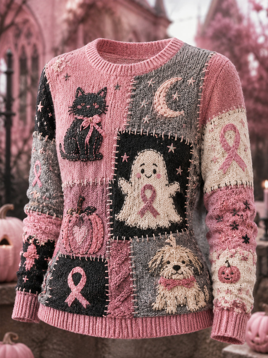 Kvinders halloween-pink trøje med print af spøgelse og kat samt pink bånd til støtte for kræftbevidsthed hos kvinder