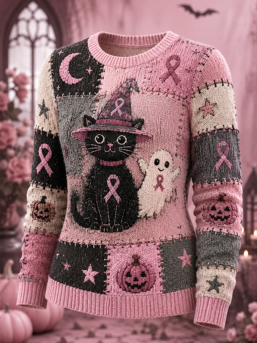 Kvinders Halloween Pink Spøgelse og kat lyserøde Ribbon Print Bryst kræft opmærksomhed Support Sweater.