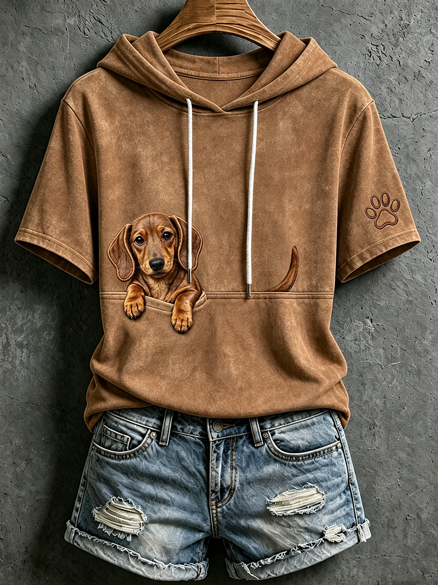Damen Niedlich Peeking Dackel & Pfoten Print Kurzarm Hoodie