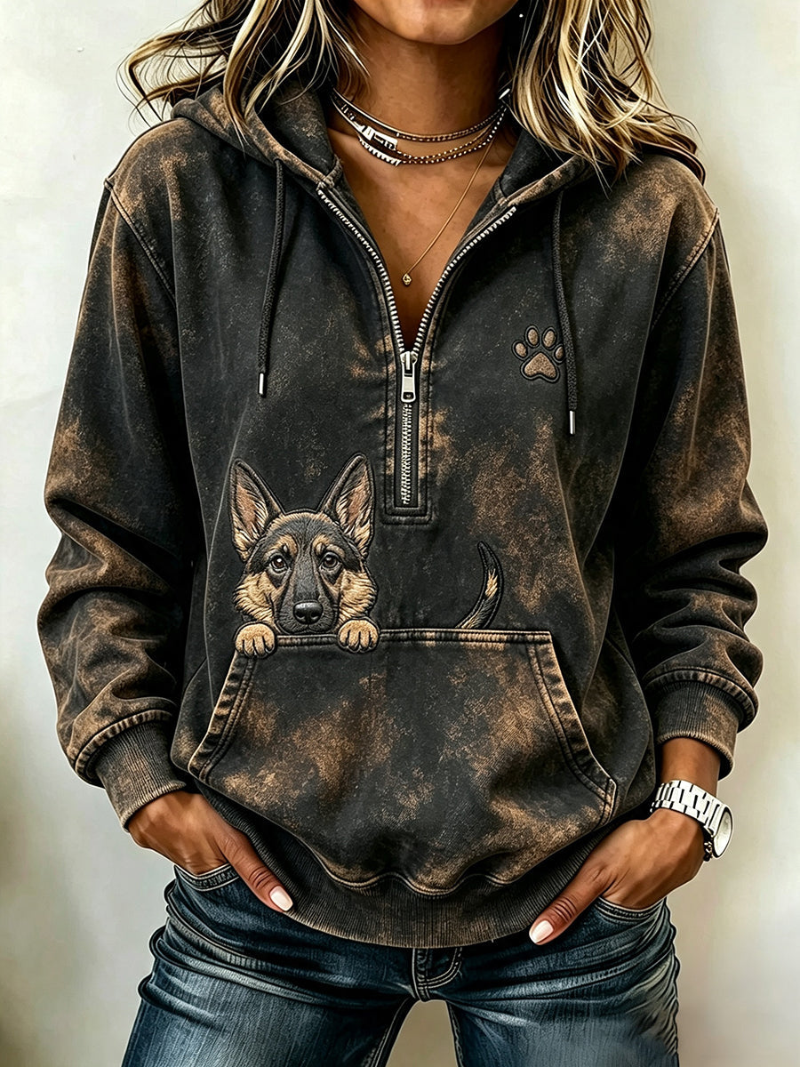 Damen Vintage Peeking Deutscher Schäferhund & Pfoten druck Kapuzen-Reiß verschluss Hoodie