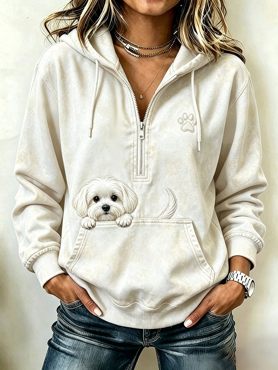 Frauen Vintage Peeking Malteser Hund & Pfote Print Kapuzen-Reiß verschluss Hoodie