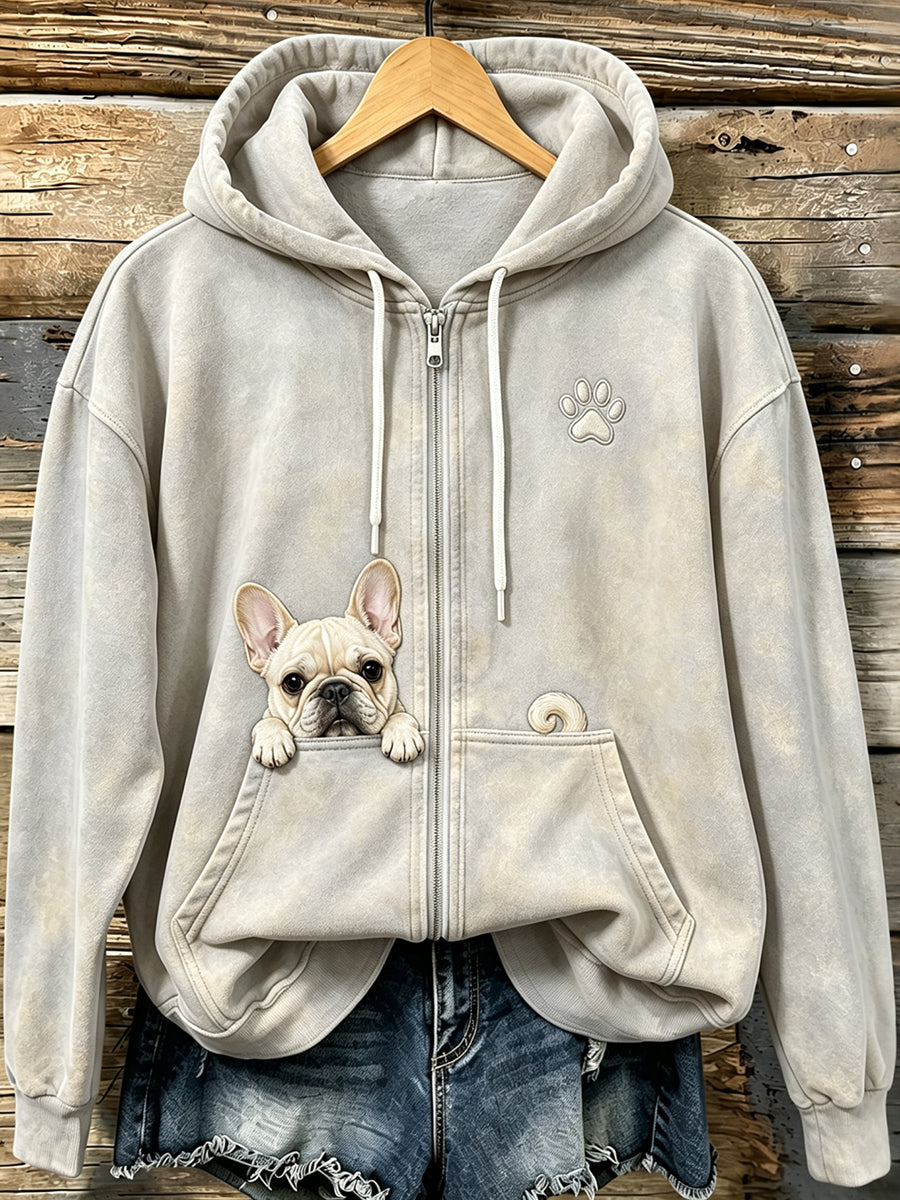 Kvinners søte kikende franske bulldogg og taster med Koselig Zip-Up HoodieName