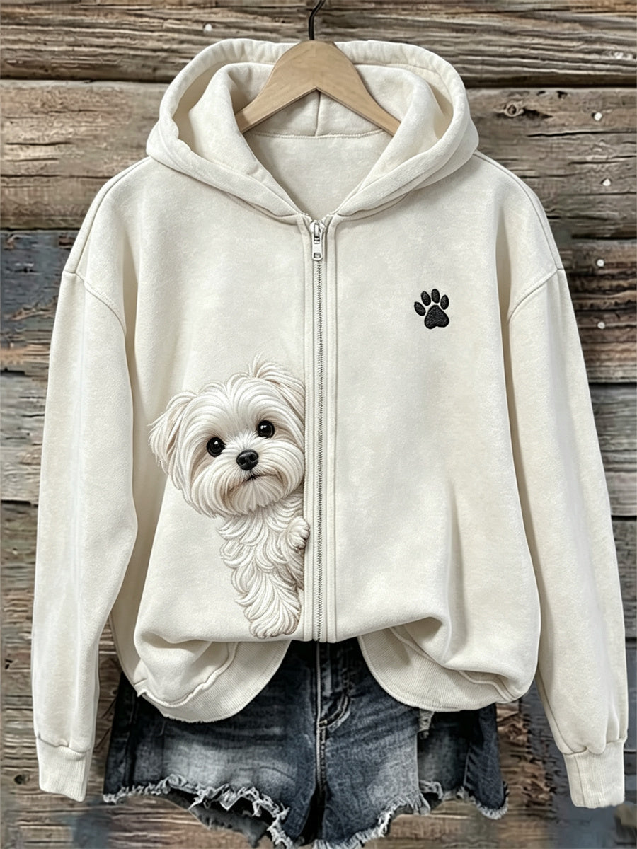Kvinders kikende maltesiske hund & tas Print fuld Zip Hoodie.
