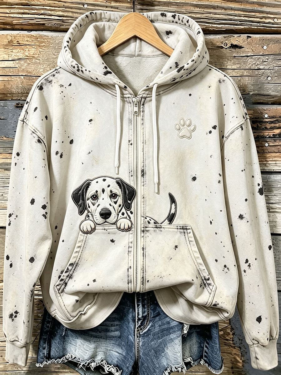 Kvinders søde Dalmatiner med tas Print Hyggeligt Zip-Up Hoodie.