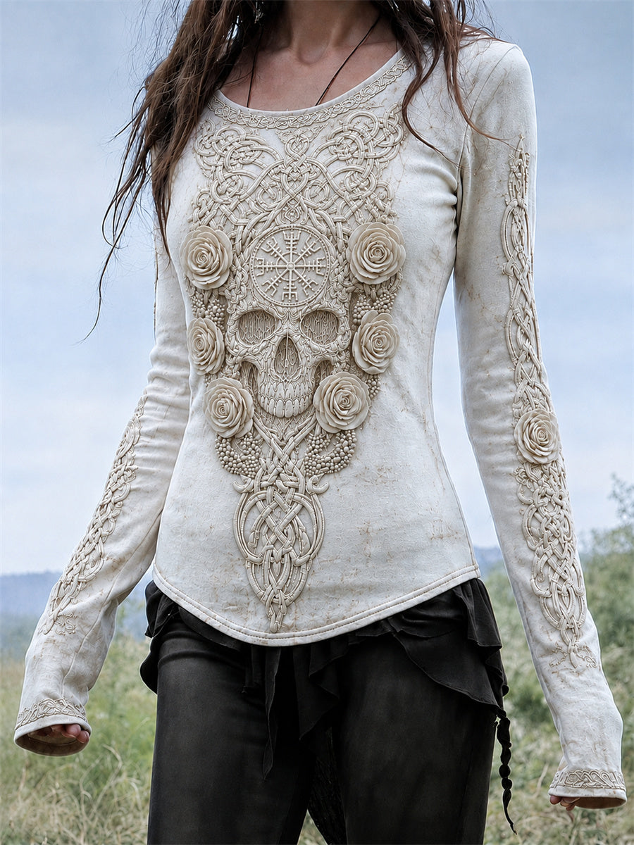 Kvinders klasse Celtic Skull Roser Viking Vegvisir Celtic Knob Print rund hals lang-ærme T-shirt