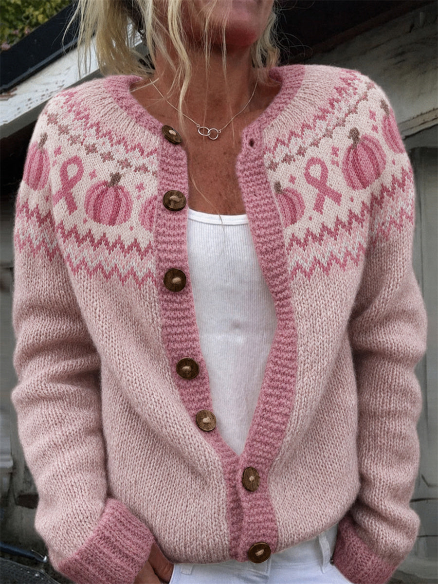 Kvinders Vintage Pink græskar & Pink Ribbon Yoke Isle mønster Print Cardigan