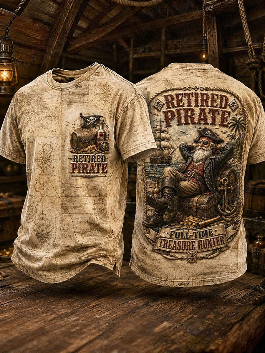 Mænds retro t-shirt med tryk: „Pensioneret sørøver – fuldtidsskattejæger“ til hverdagsbrug