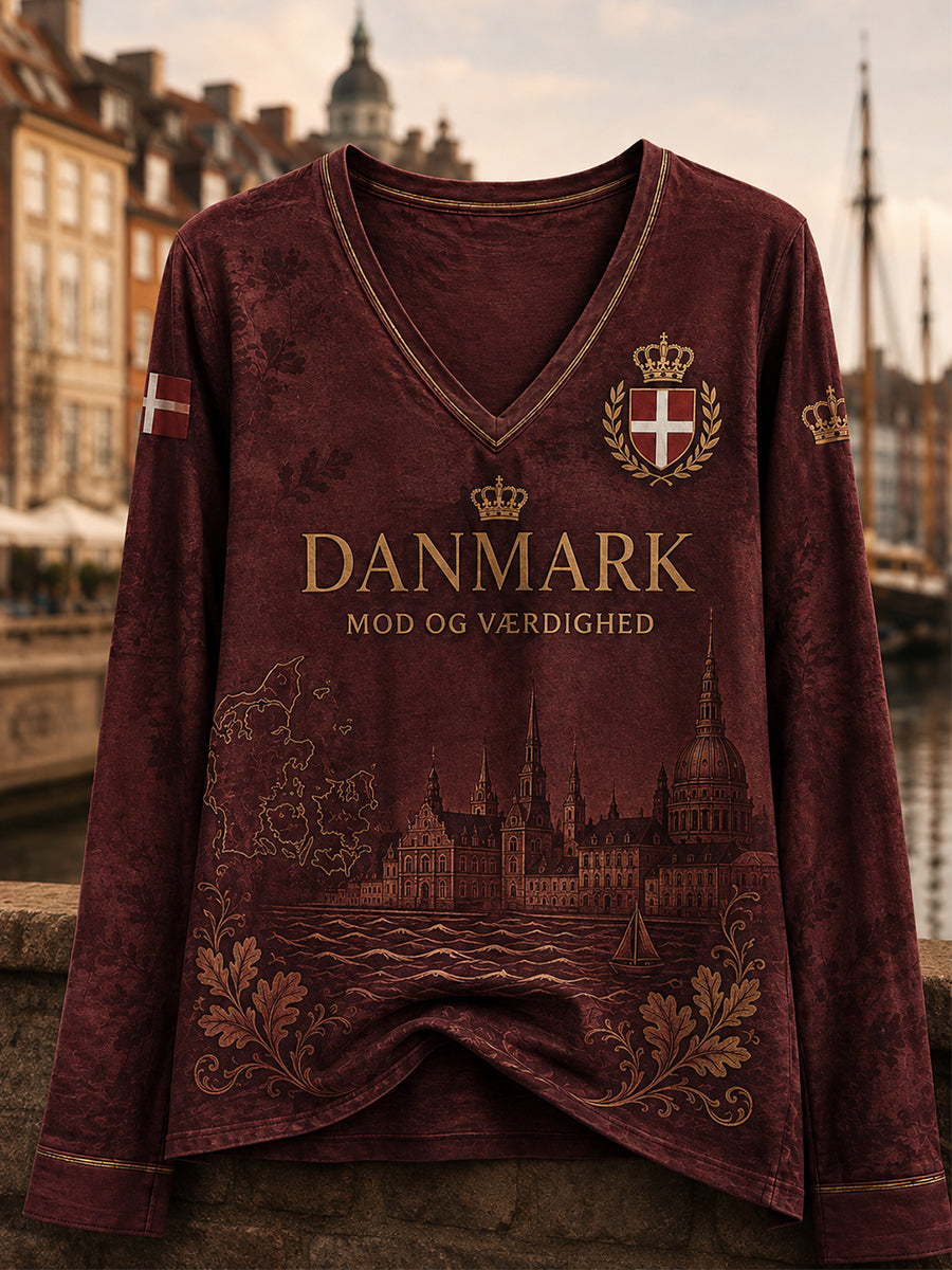 Dames Danmark patriotisk V-hals t-shirt med lange ærmer