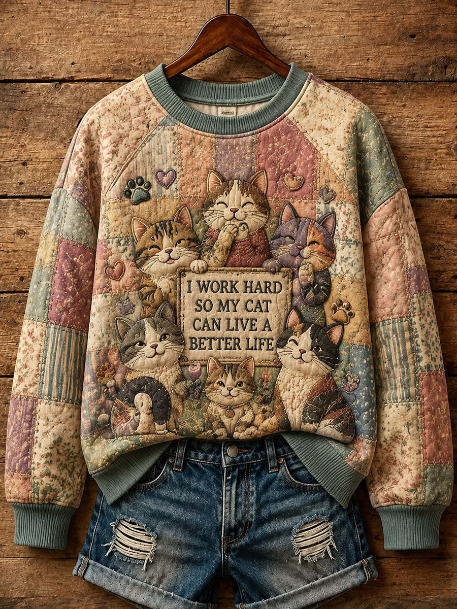 Kvinders patchwork-sweatshirt med katteprint, i hverdagstil