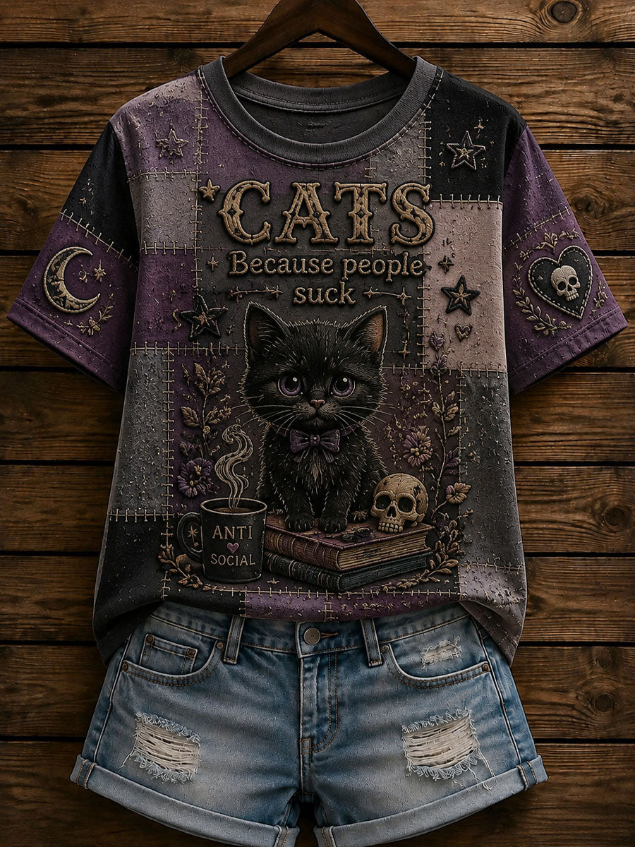 Kvinders patchwork-casual t-shirt med katteprint