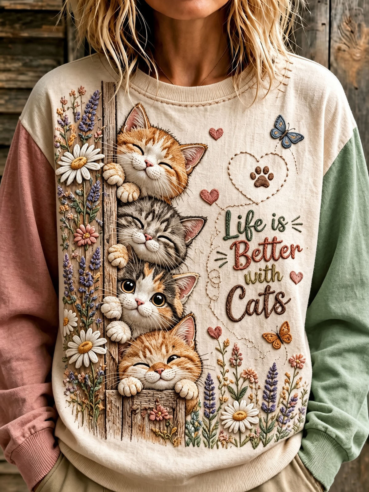 Kvinders søde kat og blomster Print Casual Sweatshirt