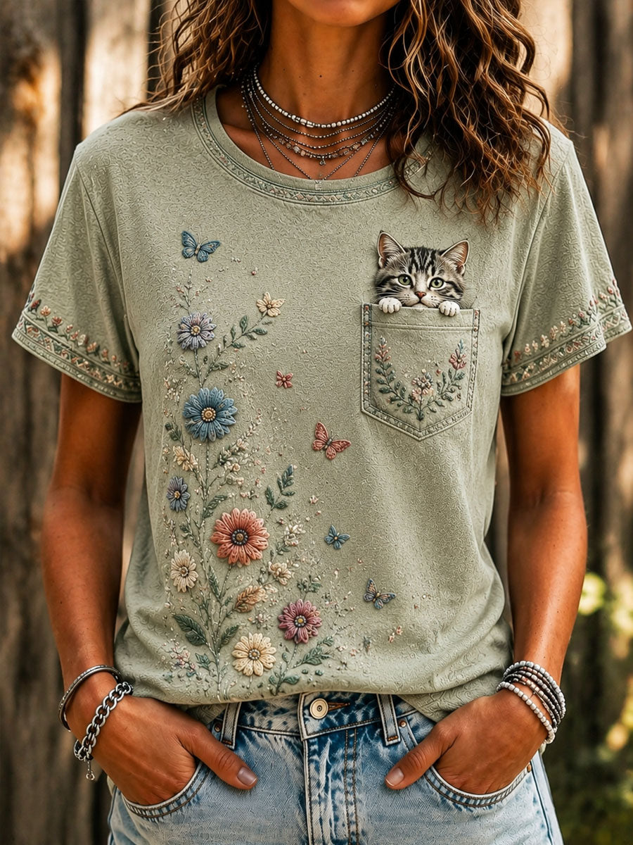 Kvinders katteelsker-dag trykt afslappet t-shirt med korte ærmer