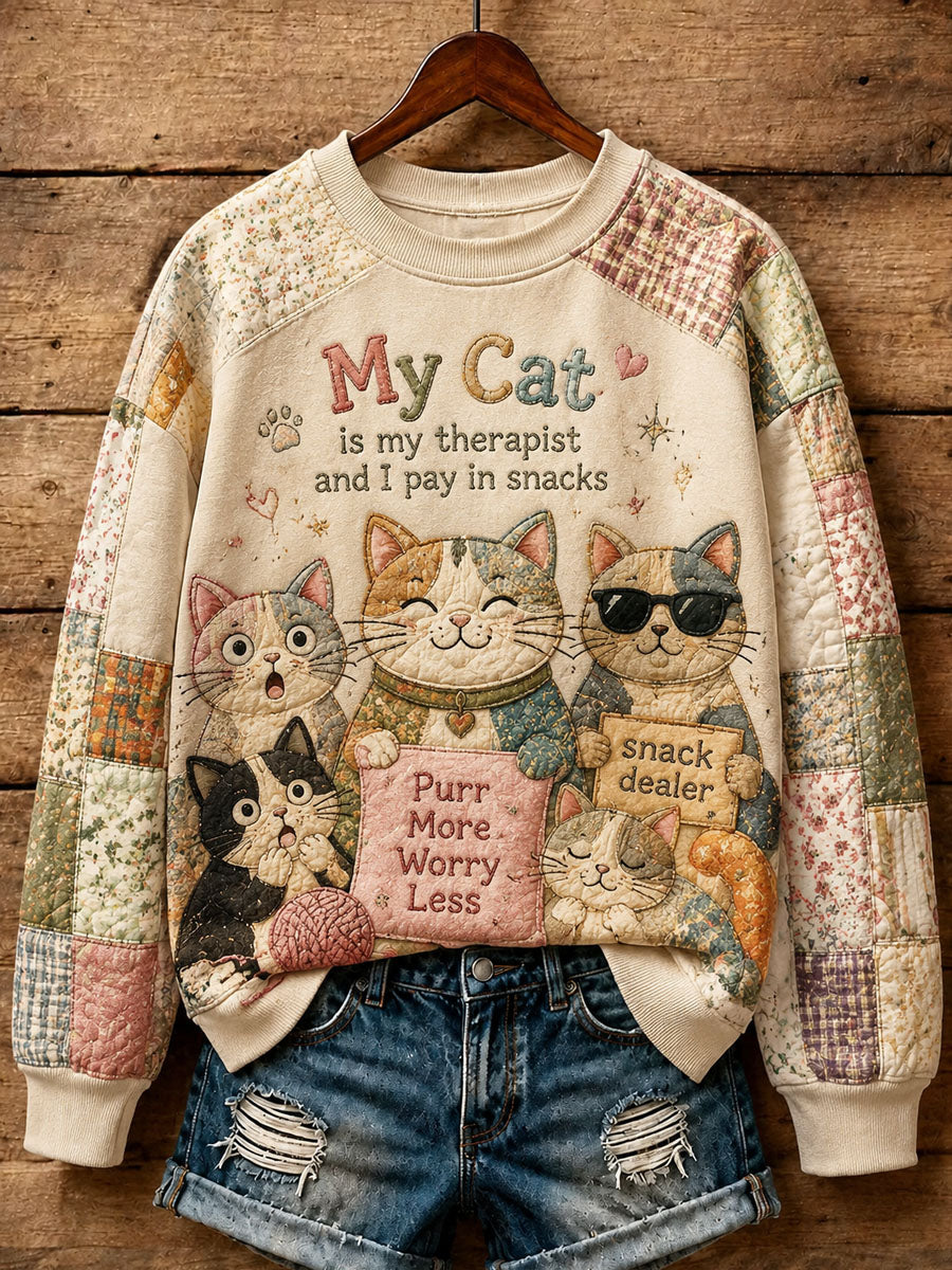 Kvinders patchwork-sweatshirt med katteprint, i hverdagstil