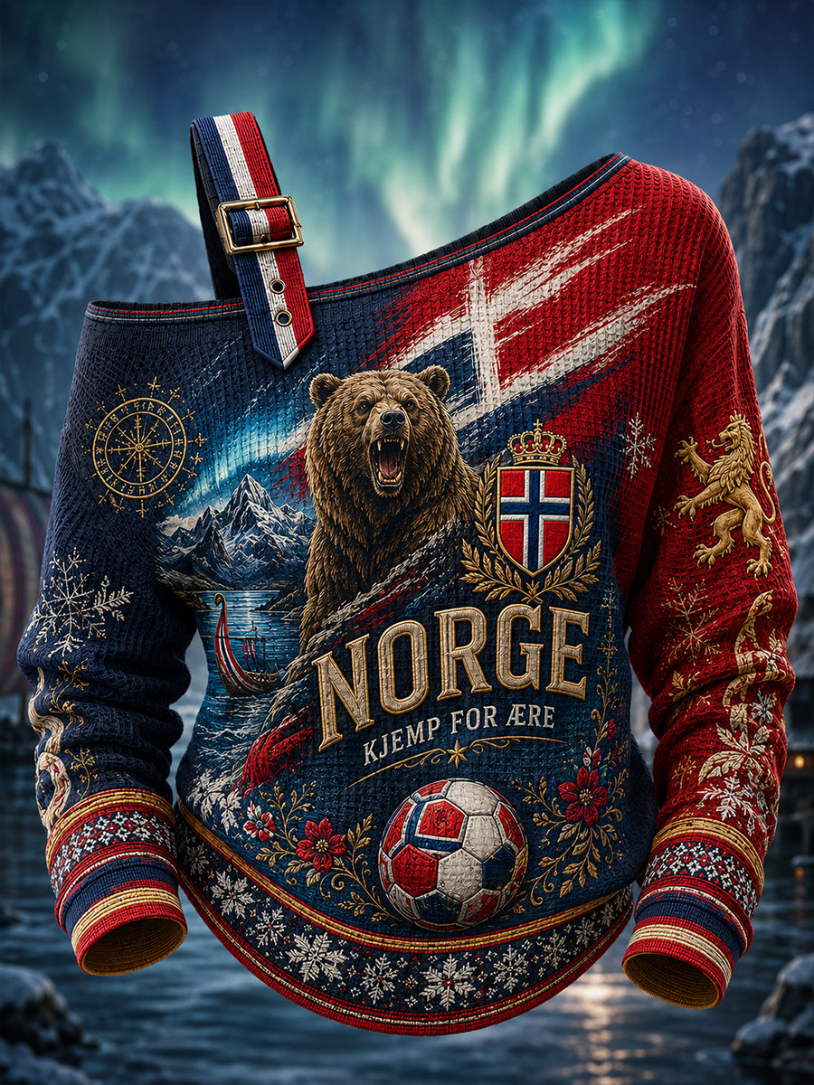 Kvinders norske fodboldprint afslappet skulderløst sweatshirt