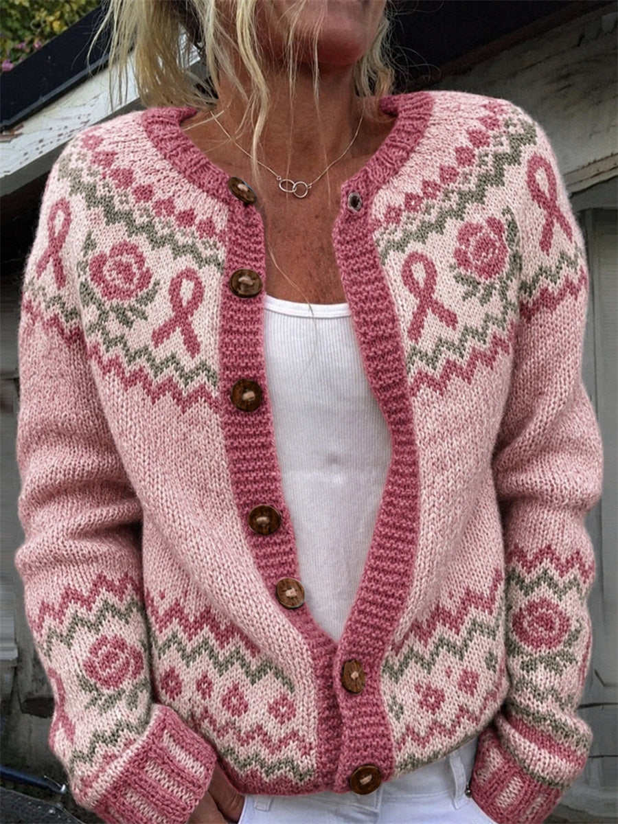 Kvinders Vintage lyserøde roser Brystkræft Ribbon Isle Mønster Print Cardigan