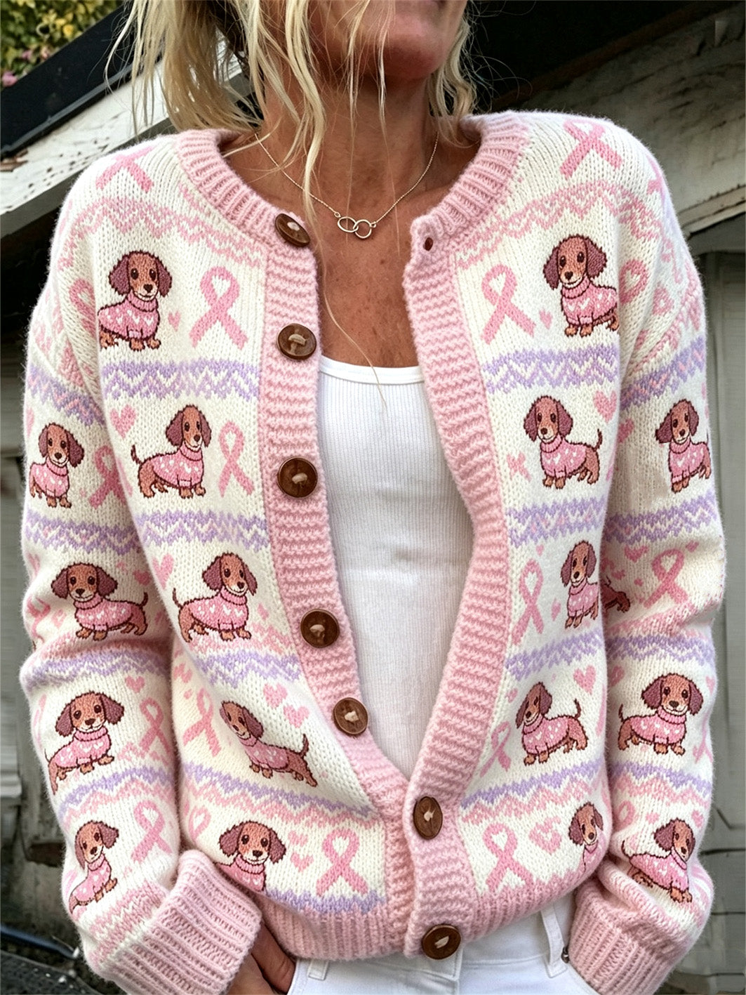 Kvinder søde hund og pink velgørenhed bånd mønster trykt afslappet cardigan