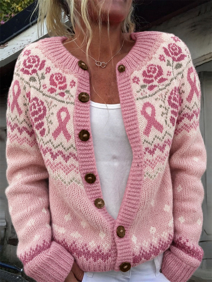 Kvinders vintage lyserøde roser brystkræftbånd Isle-mønsterprint cardigan