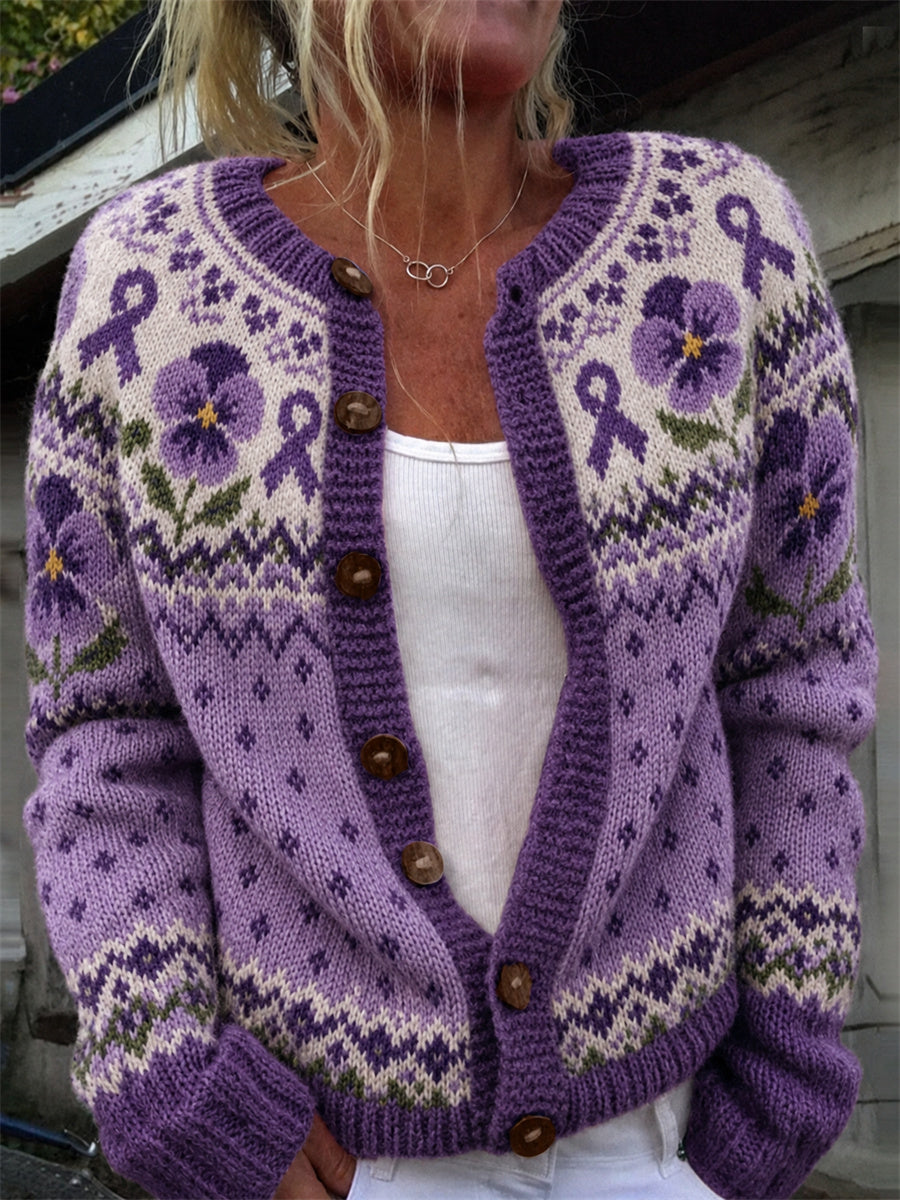 Kvinders vintage cardigan med violblomster, lilla bånd og ømønstre