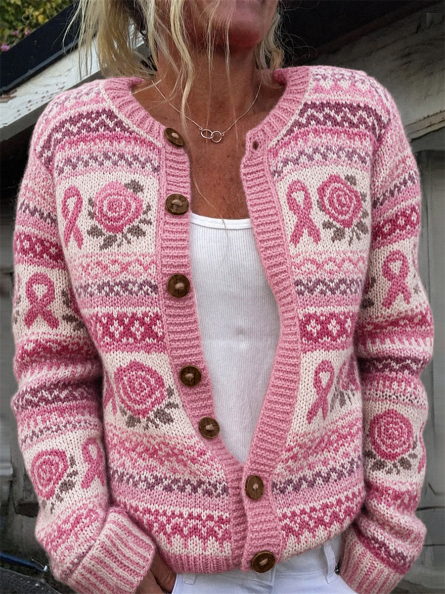 Kvinders vintage lyserøde roser brystkræftbånd Isle-mønsterprint cardigan