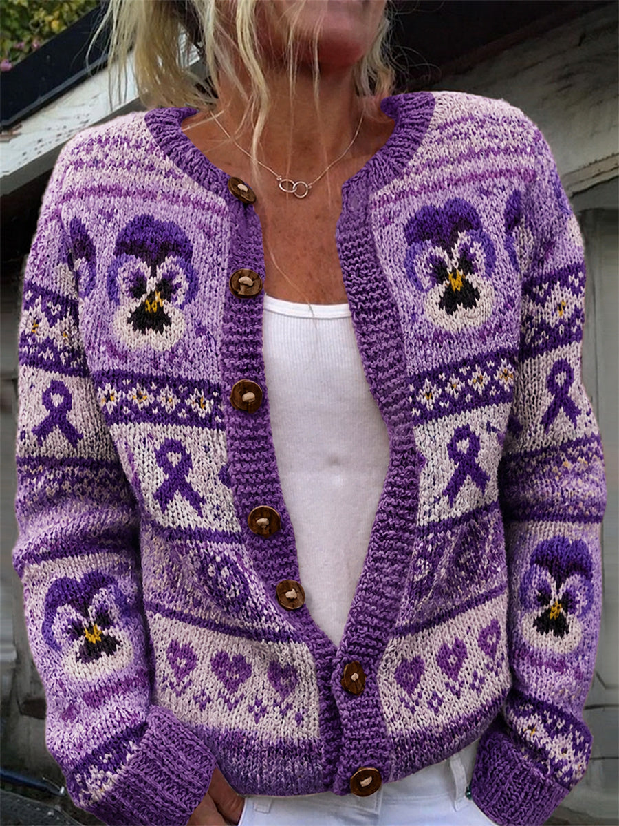 Kvinders Vintage Pansy Blomster Lilla Ribbon Isle Mønster Print Cardigan