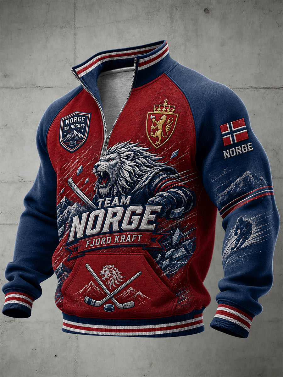 Herretrøje med raglanærmer og lynlås samt ishockeymotiv