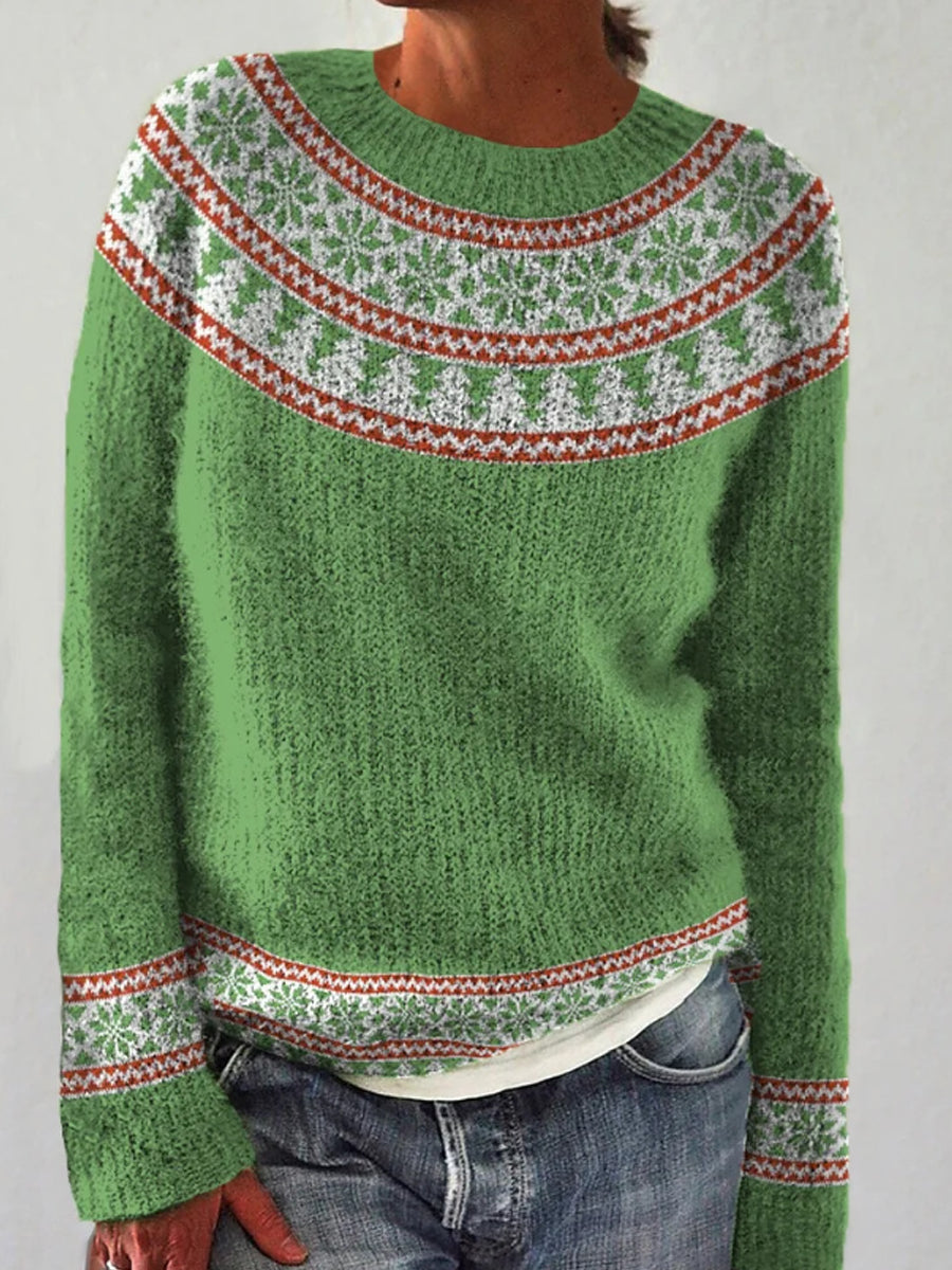 Kvindernes islandske striktrøje, jakardestrikket, afslappet og behagelig rundhals pullover
