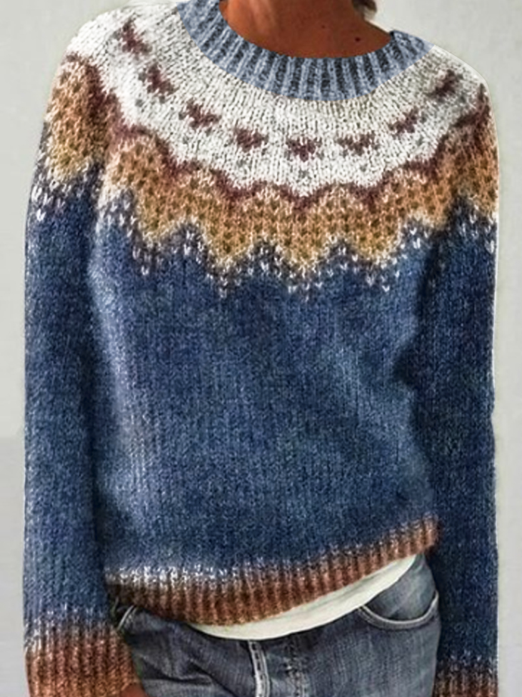 Kvindernes islandske sweater med rund hals, løs pasform og pullover-stil