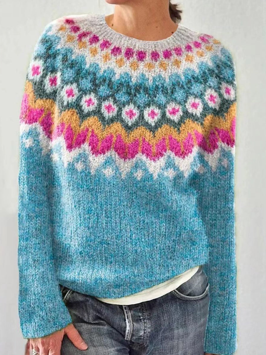 Kvindernes islandske sweater med rund hals, løs pasform og pullover-stil