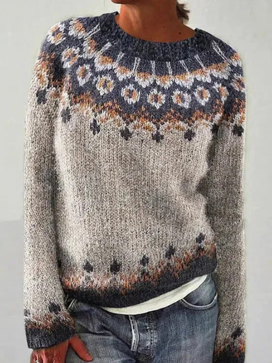 Kvindernes islandske sweater med rund hals, løs pasform og pullover-stil