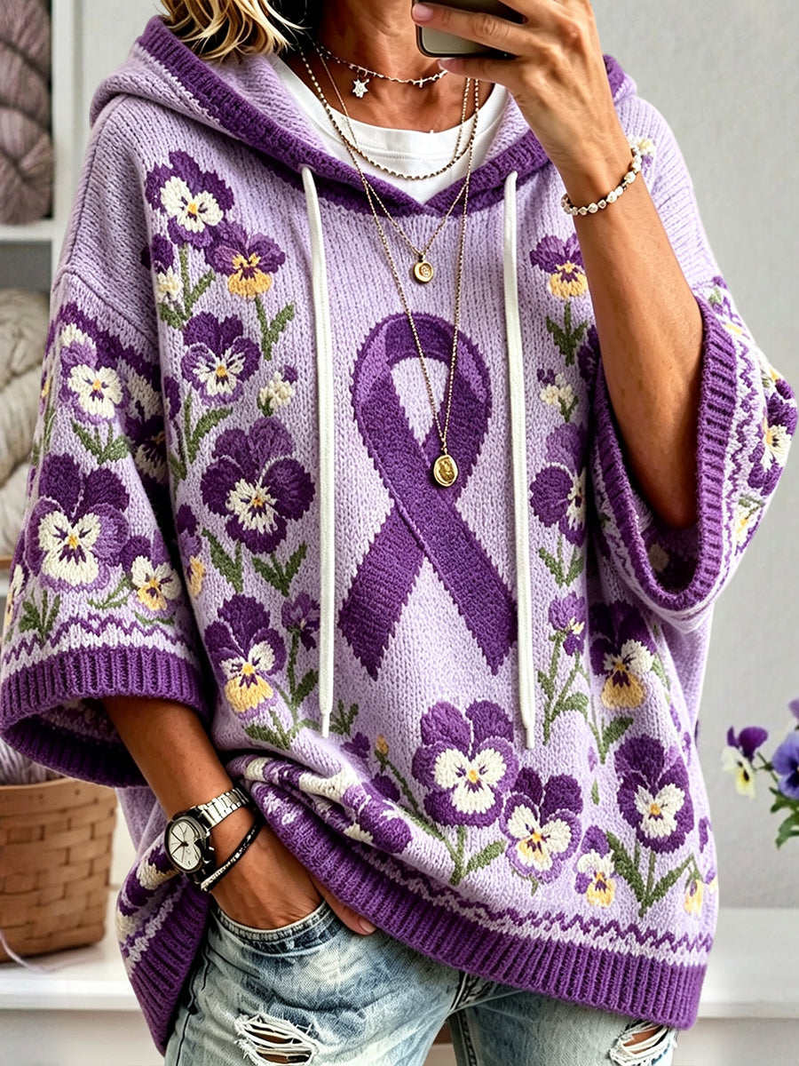 Kvinders Alzheimers bevidsthed Purple Ribbon Pansies Print Comfy 3/4 ærme Hoodie 3/4