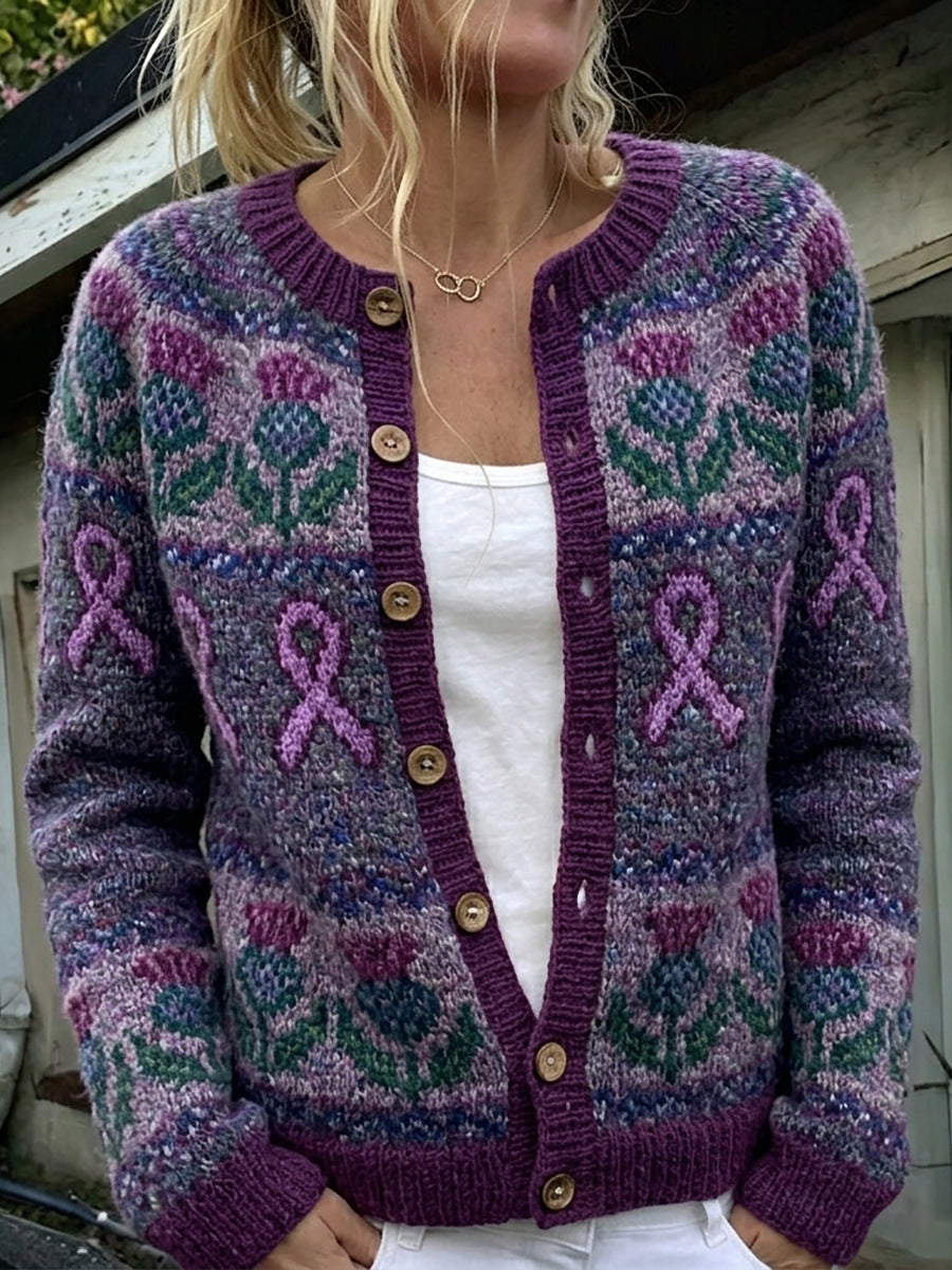Kvinders Vintage Lilla Ribbon & Scottish Thistle Isle Mønster Print Cardigan