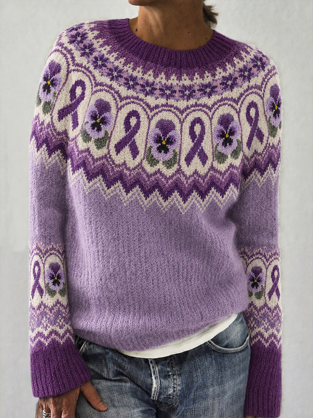 Kvinders lilla blomst og lilla velgørenhed Bånd Mønster trykt Casual Langærme Sweater.