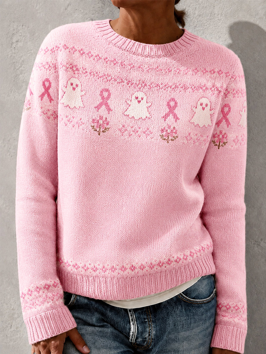 Kvinders Pink Ribbon Blomster Spøgelse Print Bryst kræft bevidsthed Support Sweater.