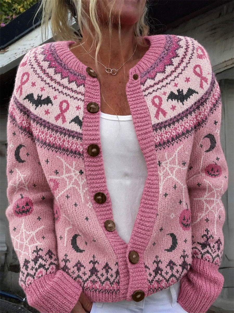 Kvinders Vintage Halloween Bryst kræft Pink Ribbon Isle Mønster Print Cardigan