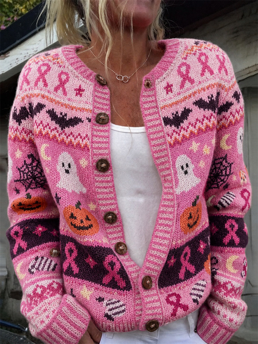 Kvinders vintage halloween-kardigan med lyserødt bånd og Isle-mønster til bekæmpelse af brystkræft