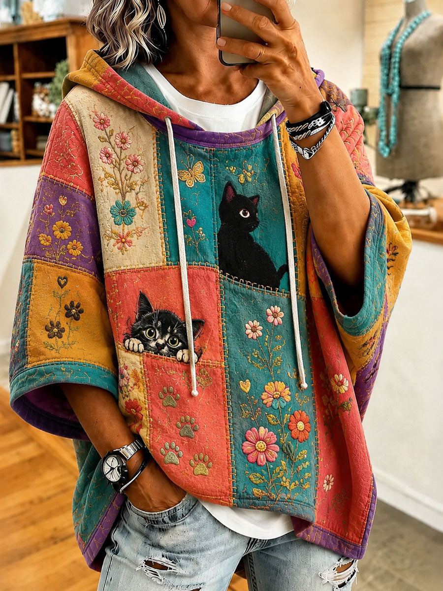 Kvinders søde patchwork-hoodie med katteprint til hverdagsbrug
